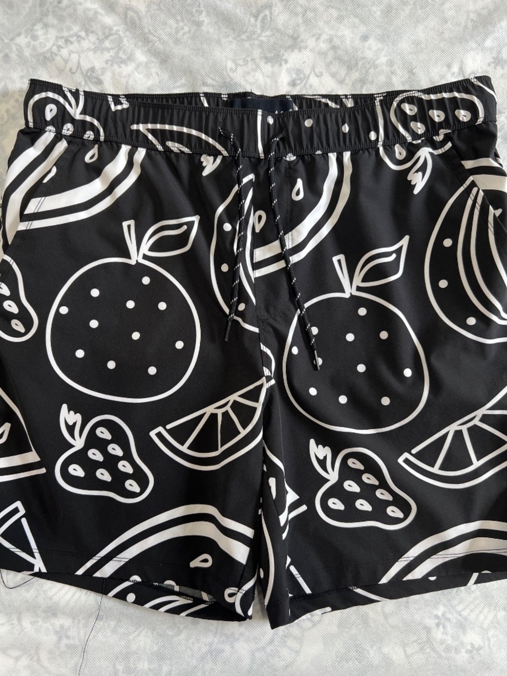 Edgar + Ash Men's Sz L Black Swim Trunks Bold Fruit Pattern Hybrid Board Shorts